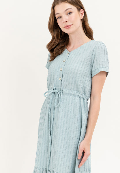Krizia V-Neck Button Down Drawstring Flounce Hem Dress