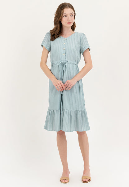 Krizia V-Neck Button Down Drawstring Flounce Hem Dress