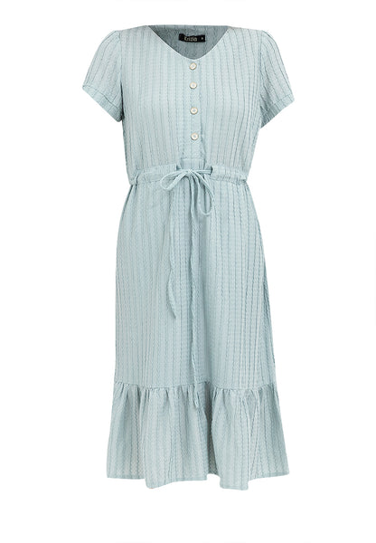 Krizia V-Neck Button Down Drawstring Flounce Hem Dress