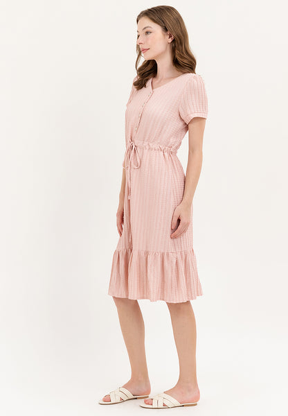 Krizia V-Neck Button Down Drawstring Flounce Hem Dress
