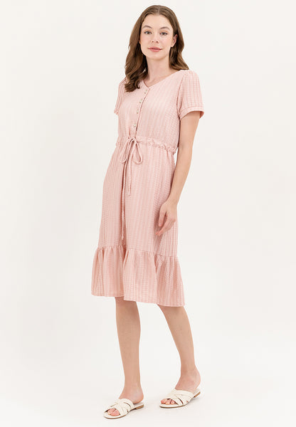 Krizia V-Neck Button Down Drawstring Flounce Hem Dress