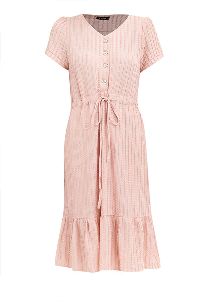 Krizia V-Neck Button Down Drawstring Flounce Hem Dress