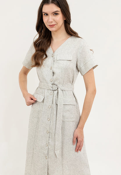 Krizia Button Down V-Neck Front Flaps Belted Dress