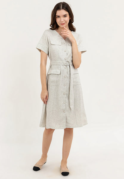 Krizia Button Down V-Neck Front Flaps Belted Dress