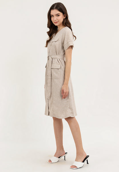 Krizia Button Down V-Neck Front Flaps Belted Dress