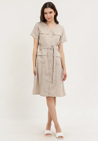 Krizia Button Down V-Neck Front Flaps Belted Dress