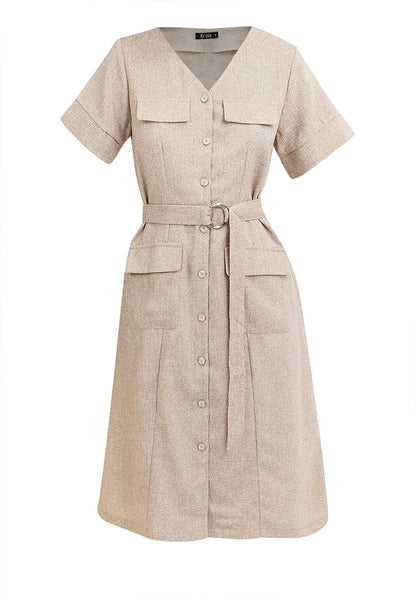 Krizia Button Down V-Neck Front Flaps Belted Dress