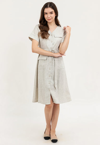 Krizia Button Down V-Neck Front Flaps Belted Dress