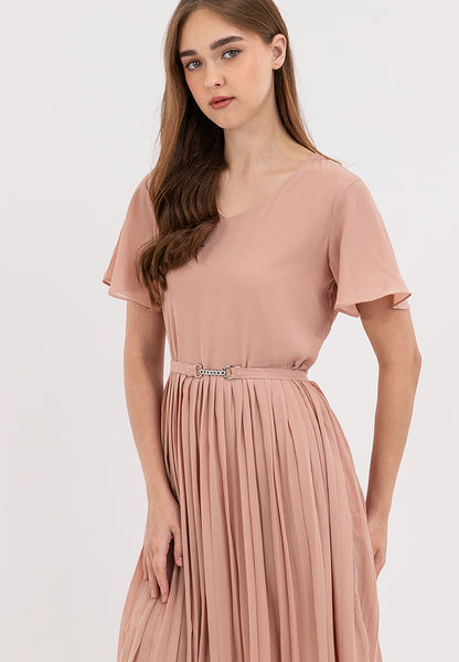 V-Neck Belted Electric Pleats Skirt Dress