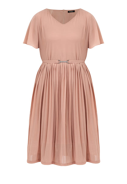 V-Neck Belted Electric Pleats Skirt Dress