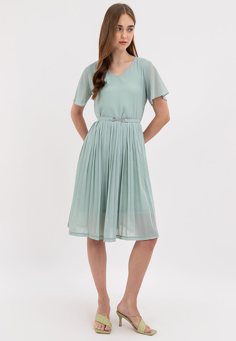 V-Neck Belted Electric Pleats Skirt Dress  Krizia Shop