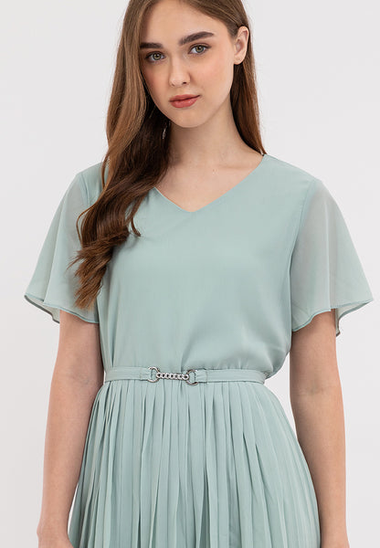 V-Neck Belted Electric Pleats Skirt Dress