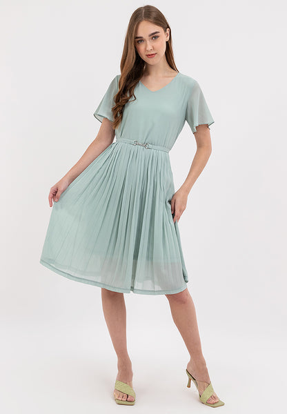 V-Neck Belted Electric Pleats Skirt Dress