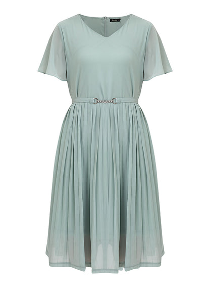 V-Neck Belted Electric Pleats Skirt Dress