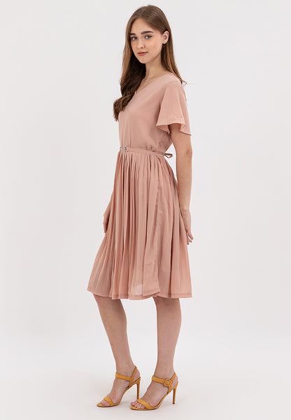 V-Neck Belted Electric Pleats Skirt Dress