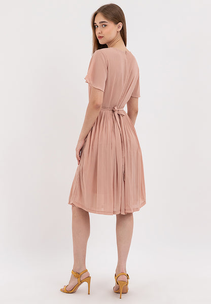 V-Neck Belted Electric Pleats Skirt Dress