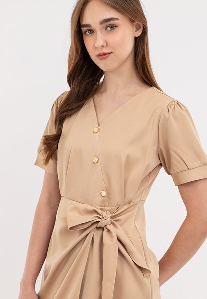V-Neck Button Detail Overlap Dress