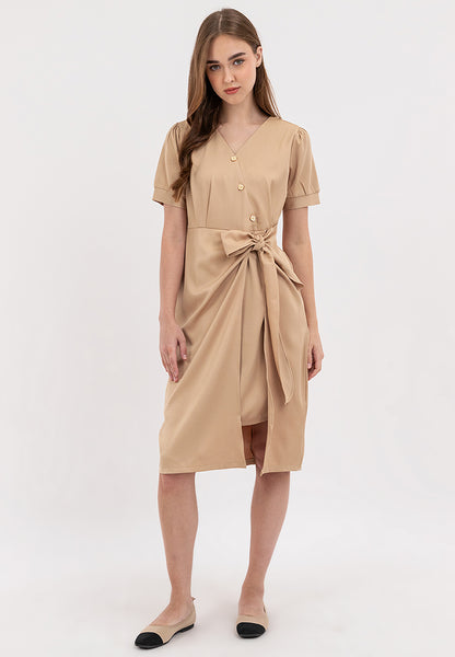 V-Neck Button Detail Overlap Dress