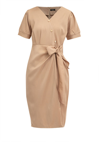 V-Neck Button Detail Overlap Dress