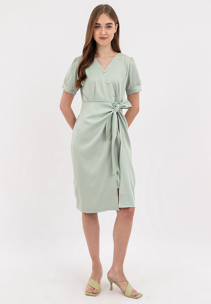 V-Neck Button Detail Overlap Dress