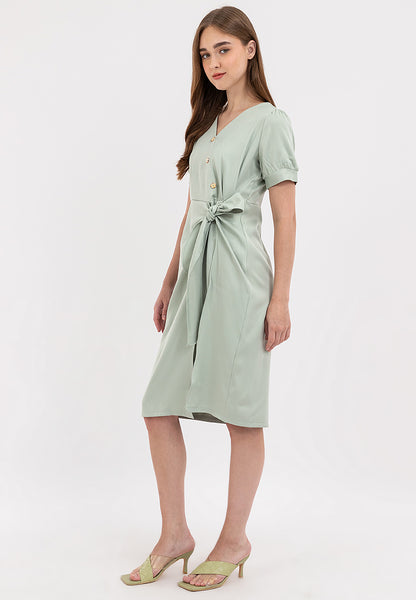 V-Neck Button Detail Overlap Dress
