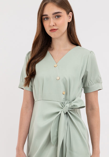 V-Neck Button Detail Overlap Dress