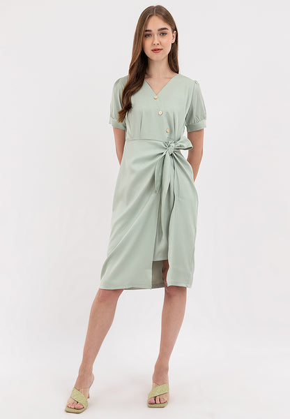 V-Neck Button Detail Overlap Dress