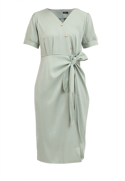 V-Neck Button Detail Overlap Dress