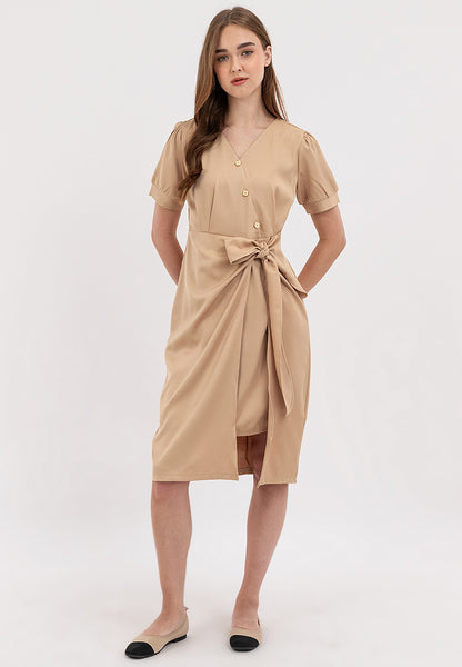 V-Neck Button Detail Overlap Dress