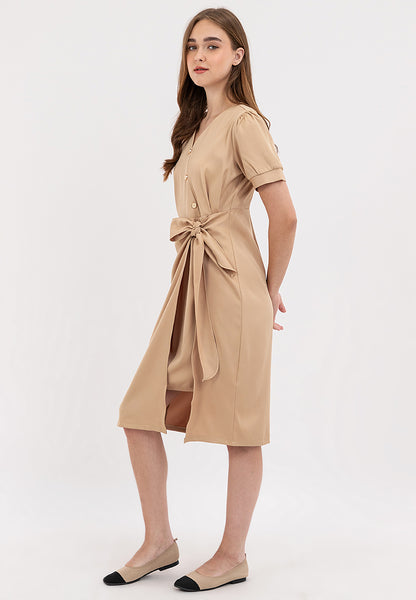 V-Neck Button Detail Overlap Dress