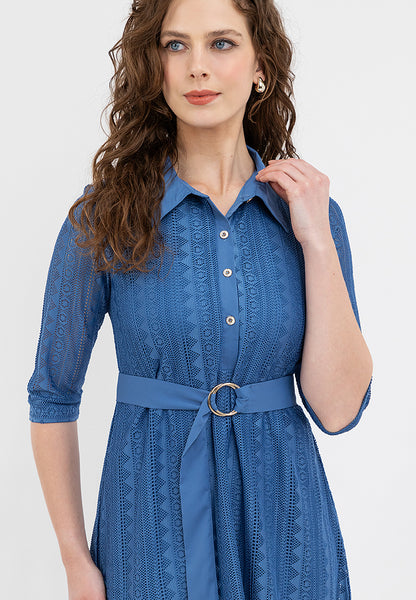 Krizia Collared Tie Waist Special Fabric Lace Shift Dress