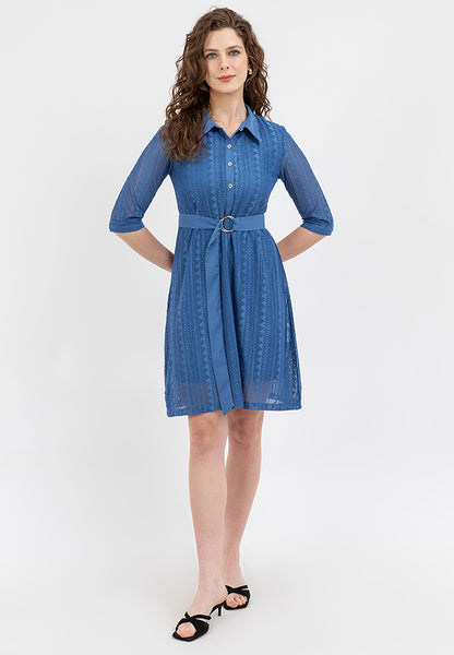 Krizia Collared Tie Waist Special Fabric Lace Shift Dress