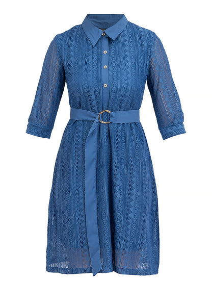 Krizia Collared Tie Waist Special Fabric Lace Shift Dress