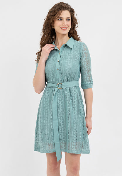 Krizia Collared Tie Waist Special Fabric Lace Shift Dress