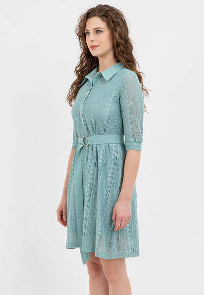 Krizia Collared Tie Waist Special Fabric Lace Shift Dress