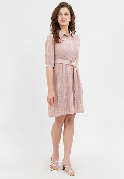 Krizia Collared Tie Waist Special Fabric Lace Shift Dress