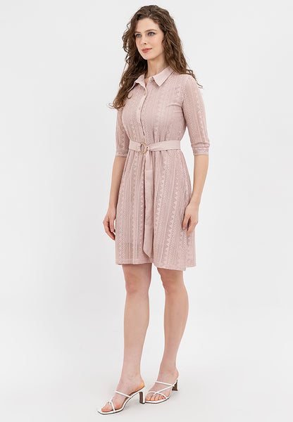 Krizia Collared Tie Waist Special Fabric Lace Shift Dress