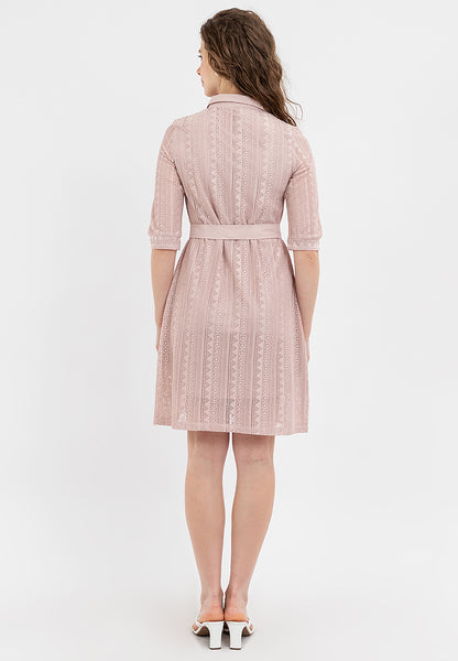 Krizia Collared Tie Waist Special Fabric Lace Shift Dress