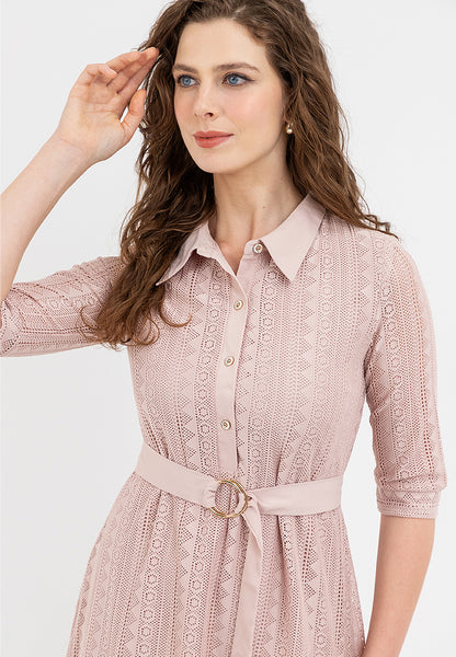 Krizia Collared Tie Waist Special Fabric Lace Shift Dress