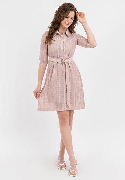 Krizia Collared Tie Waist Special Fabric Lace Shift Dress