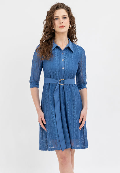 Krizia Collared Tie Waist Special Fabric Lace Shift Dress