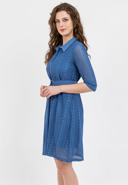 Krizia Collared Tie Waist Special Fabric Lace Shift Dress
