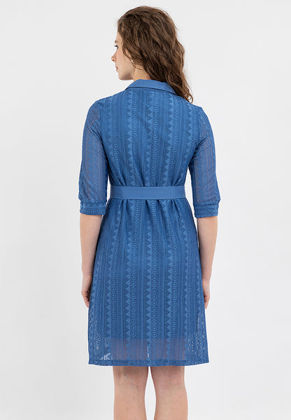 Krizia Collared Tie Waist Special Fabric Lace Shift Dress