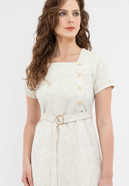 Krizia Special Fabric Square Neck Belted Shift Dress