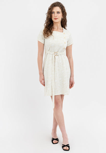 Krizia Special Fabric Square Neck Belted Shift Dress