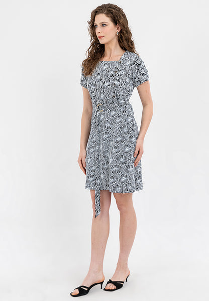 Krizia Special Fabric Square Neck Belted Shift Dress