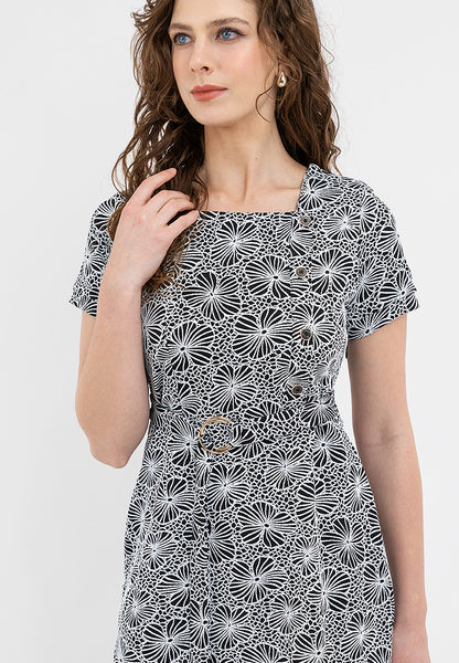 Krizia Special Fabric Square Neck Belted Shift Dress
