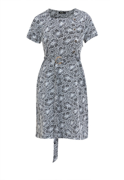 Krizia Special Fabric Square Neck Belted Shift Dress