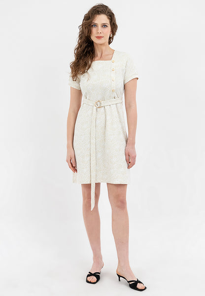Krizia Special Fabric Square Neck Belted Shift Dress