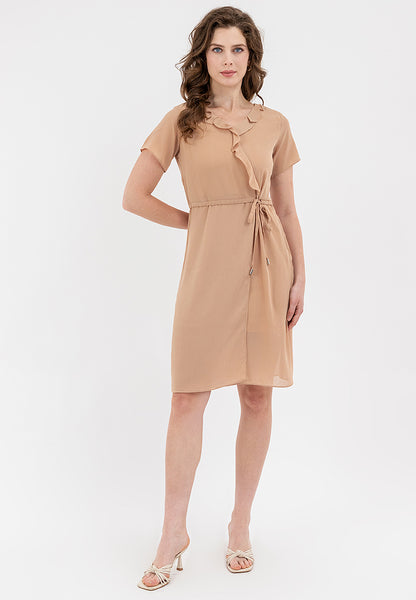 Krizia Ruffled Neckline Cascading Down the Front Drawstring Dress